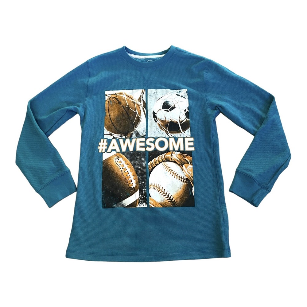 Faded Glory Boys Thermal Shirt Teal Blue Long Sleeve Sports Graphic Size 10 12